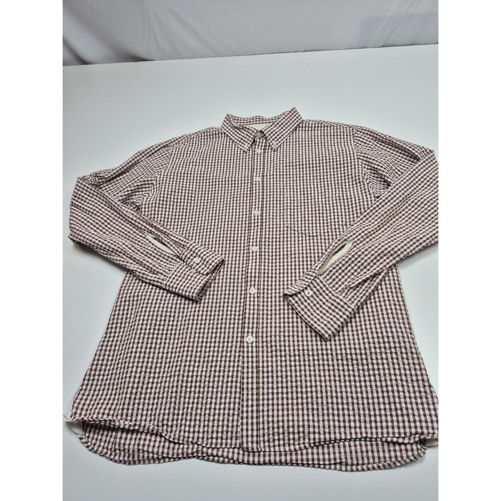 Universal Works Portugal Shirt Mens XL Brown Check Seersucker Button Down L/S